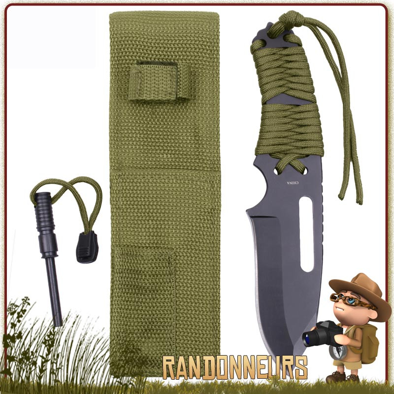 Couteau de survie Manche Paracorde 550 Vert Armée Rothco france et pierre à feu firesteel