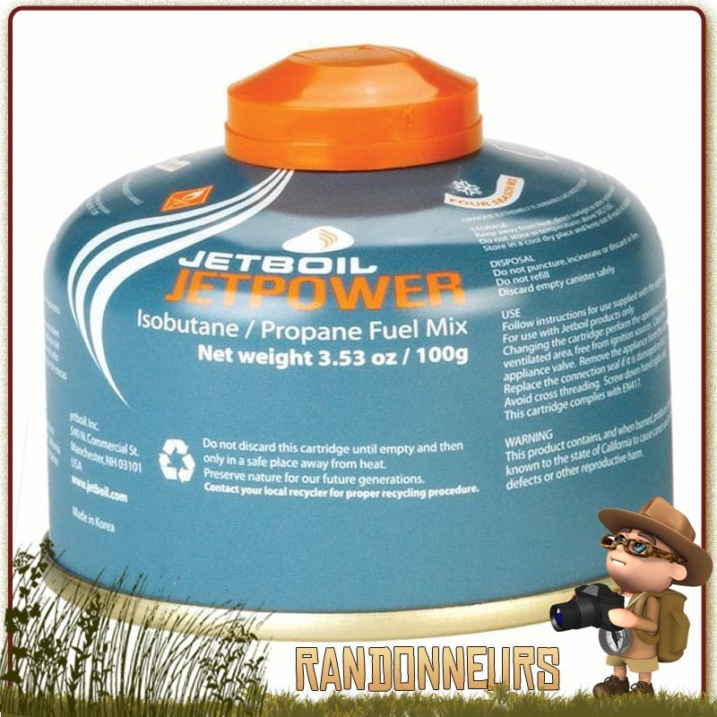 Cartouche Gaz JETBOIL JETPOWER 100g mélange de gaz composé de isobutane, propane et butane pour réchaud randonnée