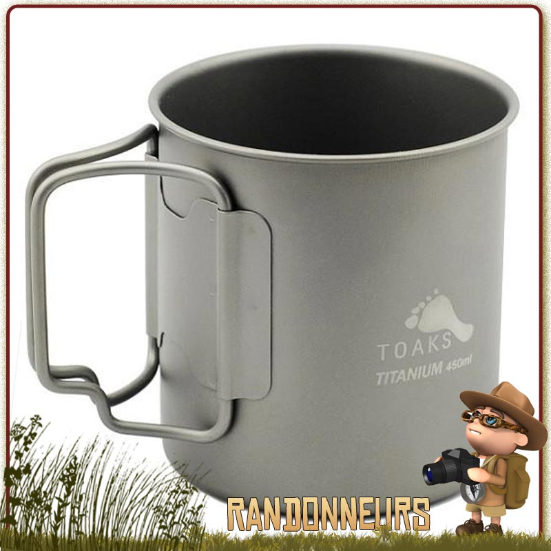 tasse titane toaks 450 ml 45 cl pour randonnée ultra légère. Le titane toaks est robuste et adapté à un bivouac