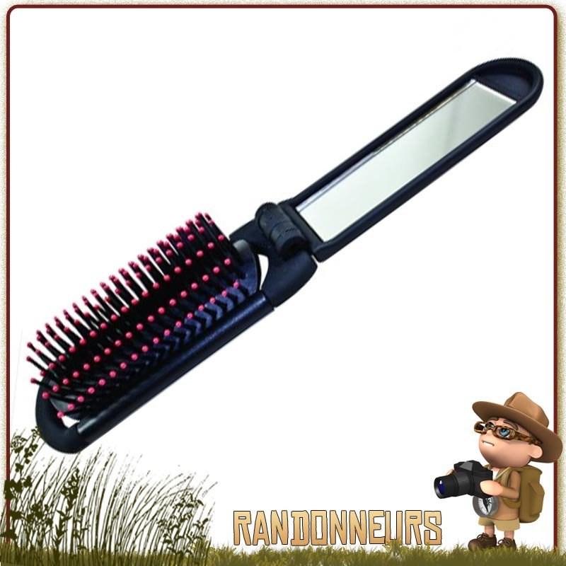 Brosse à cheveux pliable, avec miroir intégré dans le manche. Accessoire de toilette pour le camping, la randonnée